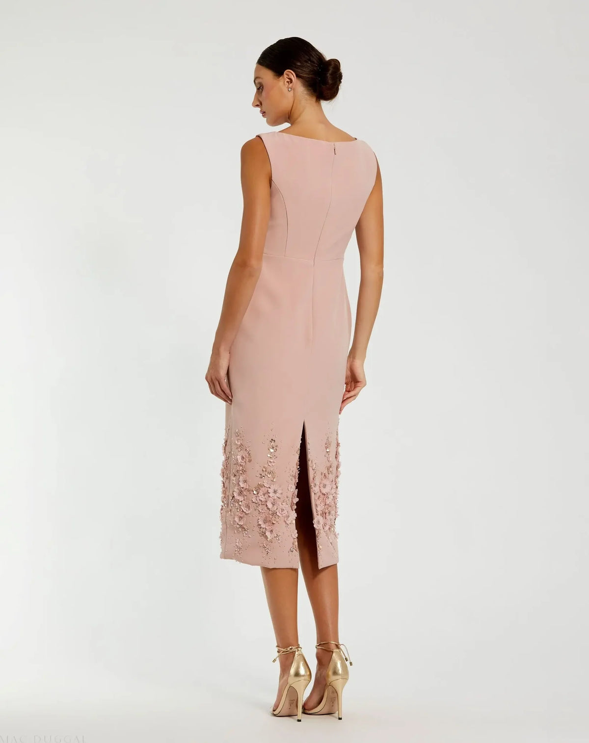 Mac Duggal Petite Pink Crepe Sleeveless Midi Dress With Flower Beading #11853