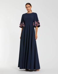 Mac Duggal 11854 Midnight stretch satin elbow sleeve gown with flower trim - front