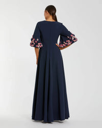 Mac Duggal 11854 Midnight stretch satin elbow sleeve gown with flower trim - back