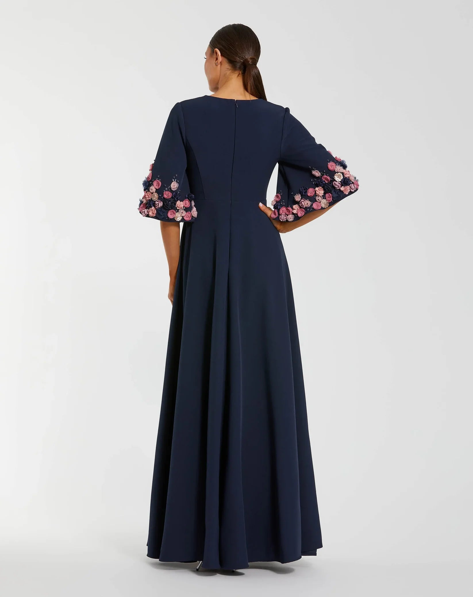 Mac Duggal 11854 Midnight stretch satin elbow sleeve gown with flower trim - back