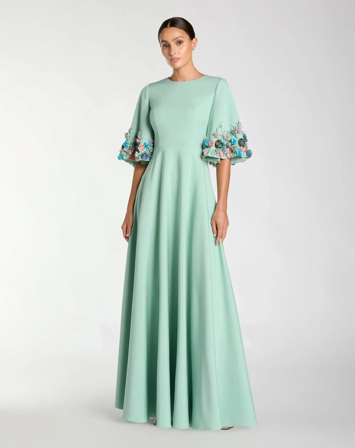 Mac Duggal 11854 Sage stretch satin elbow sleeve gown with flower trim - front