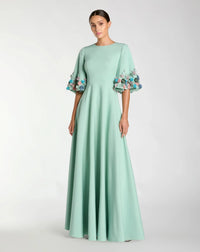 Mac Duggal 11854 Sage stretch satin elbow sleeve gown with flower trim - front