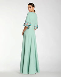 Mac Duggal 11854 Sage stretch satin elbow sleeve gown with flower trim - back