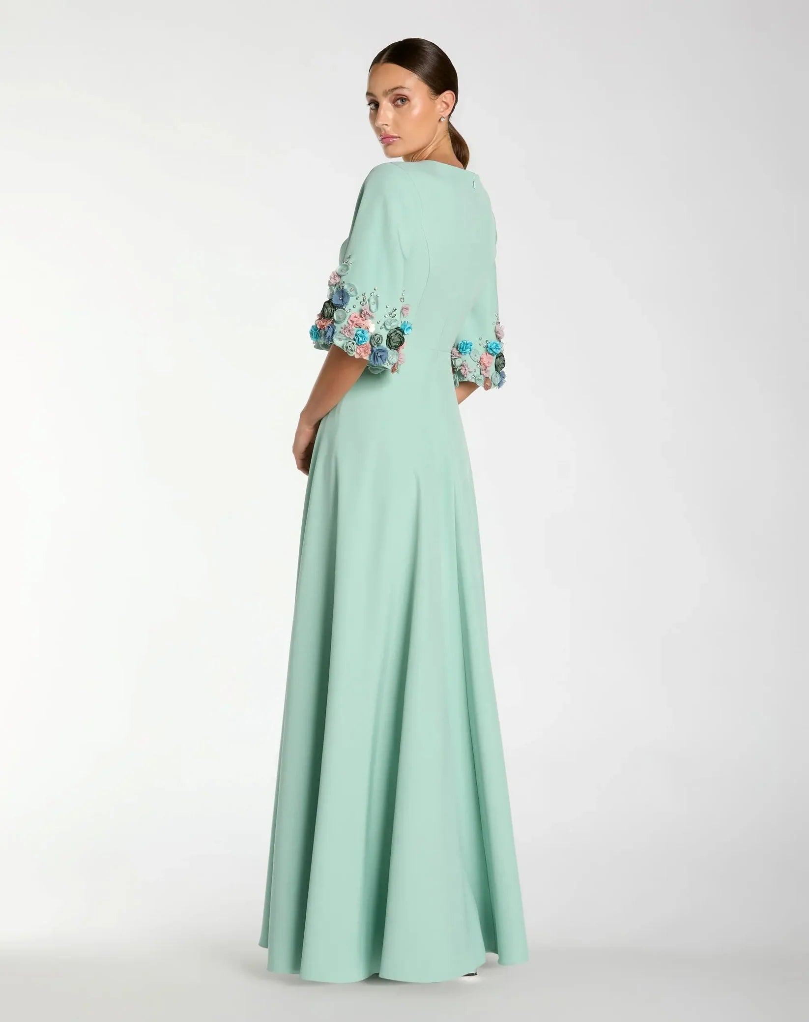 Mac Duggal 11854 Sage stretch satin elbow sleeve gown with flower trim - back