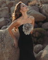 Crepe Strapless Gown With 3D Rhinestone Flower - Black