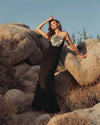 Crepe Strapless Gown With 3D Rhinestone Flower - Blue