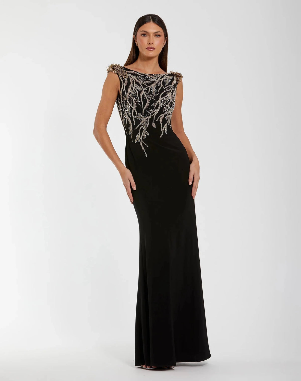 Hand Beaded Cap Sleeve Jersey Gown - Black