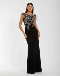 Hand Beaded Cap Sleeve Jersey Gown - Black