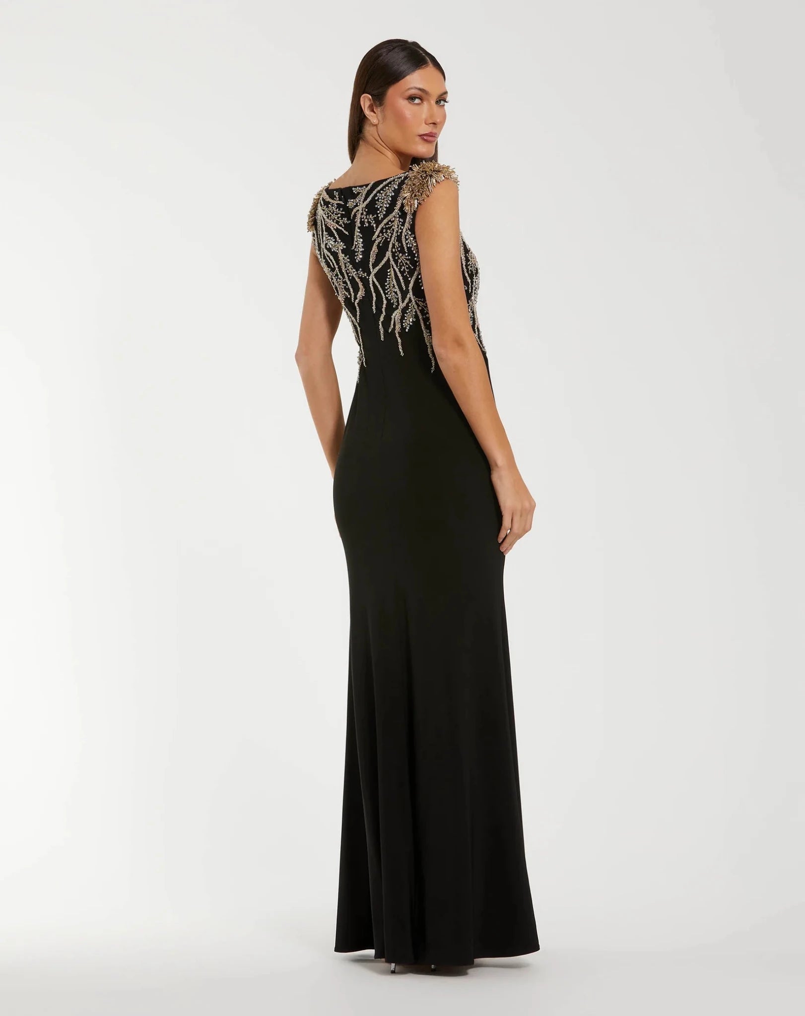 Hand Beaded Cap Sleeve Jersey Gown - Black