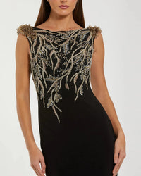 Hand Beaded Cap Sleeve Jersey Gown - Black