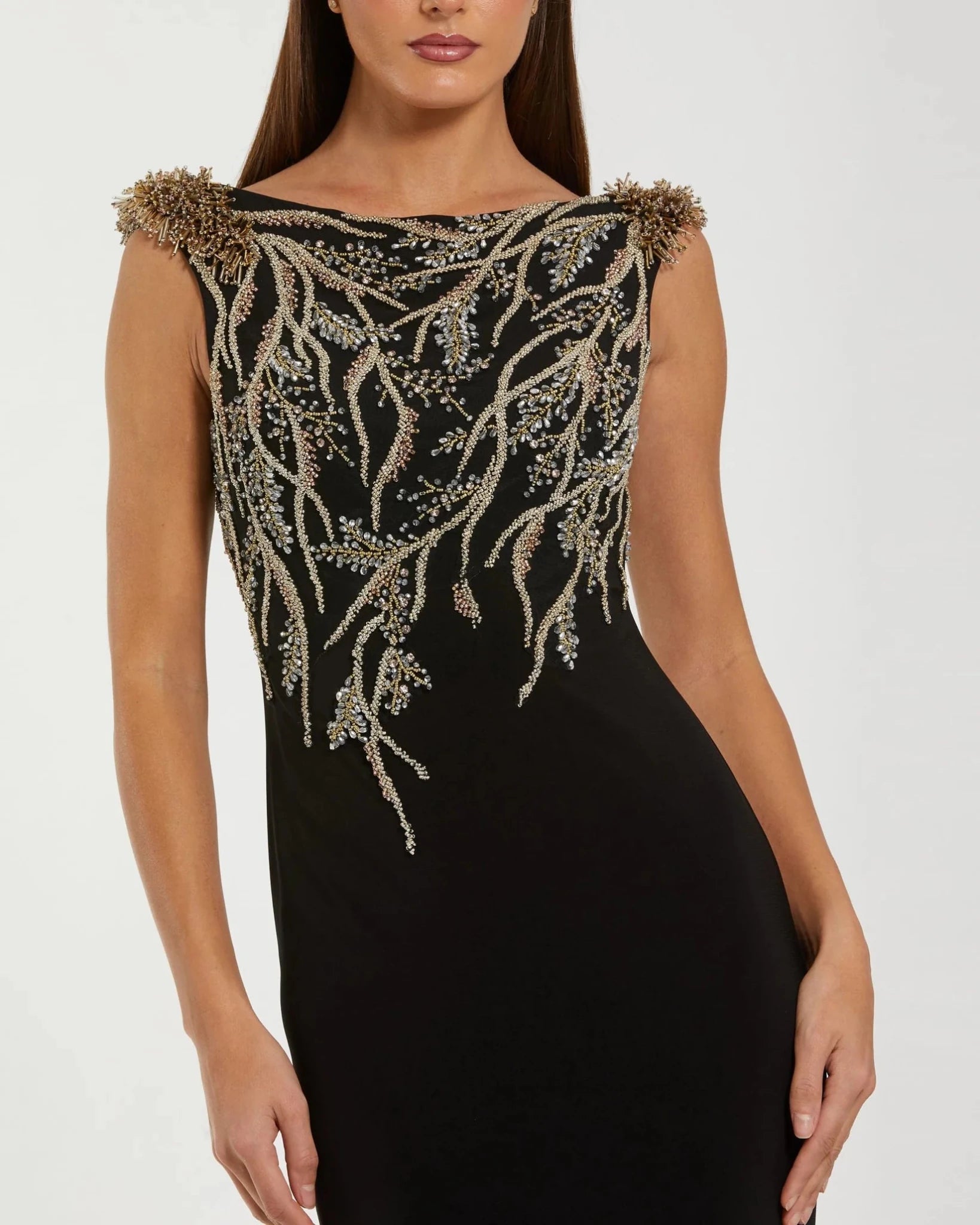 Hand Beaded Cap Sleeve Jersey Gown - Black