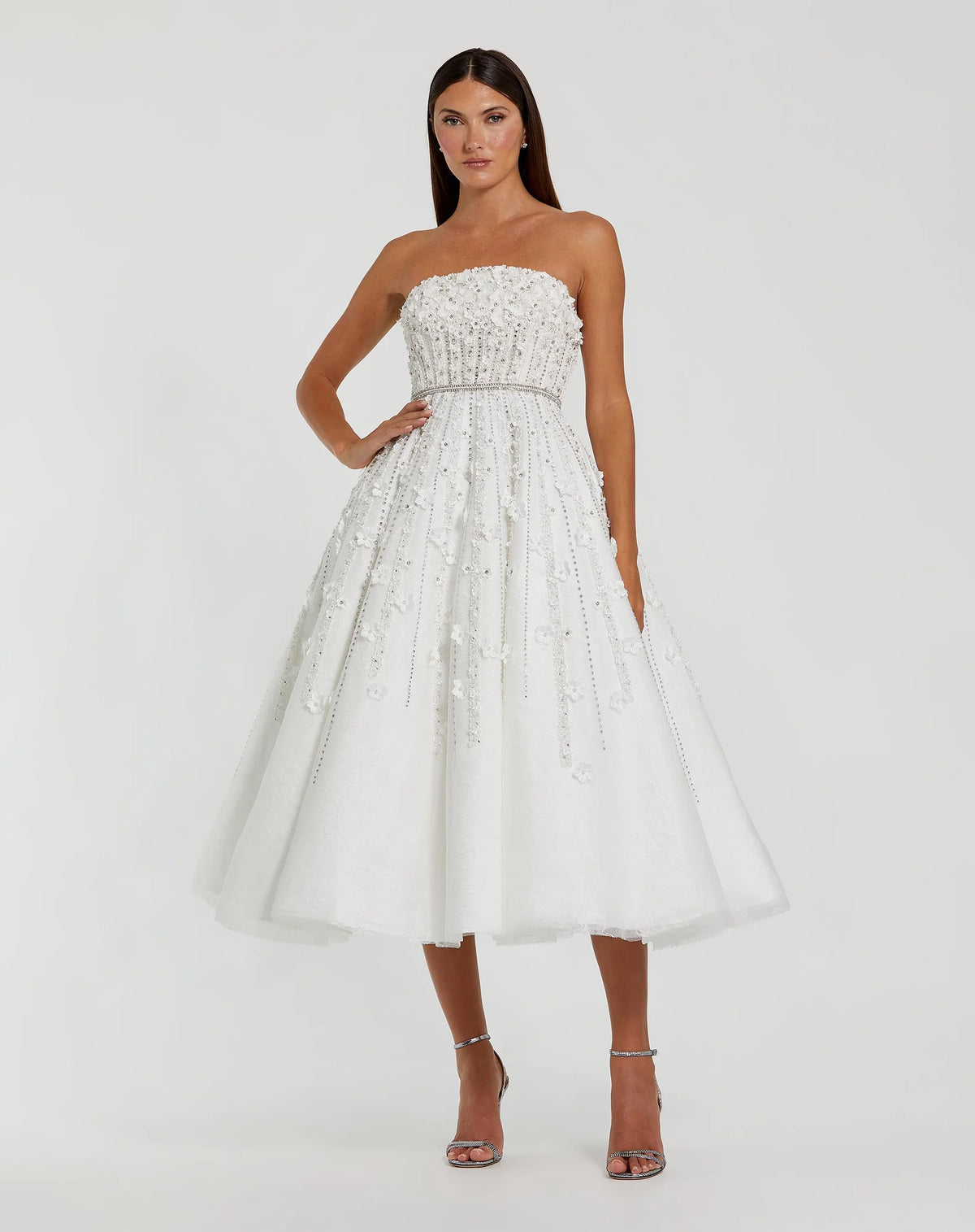 Mac Duggal White Embellished Lace Strapless Midi A Line Dress #11865 Ivory