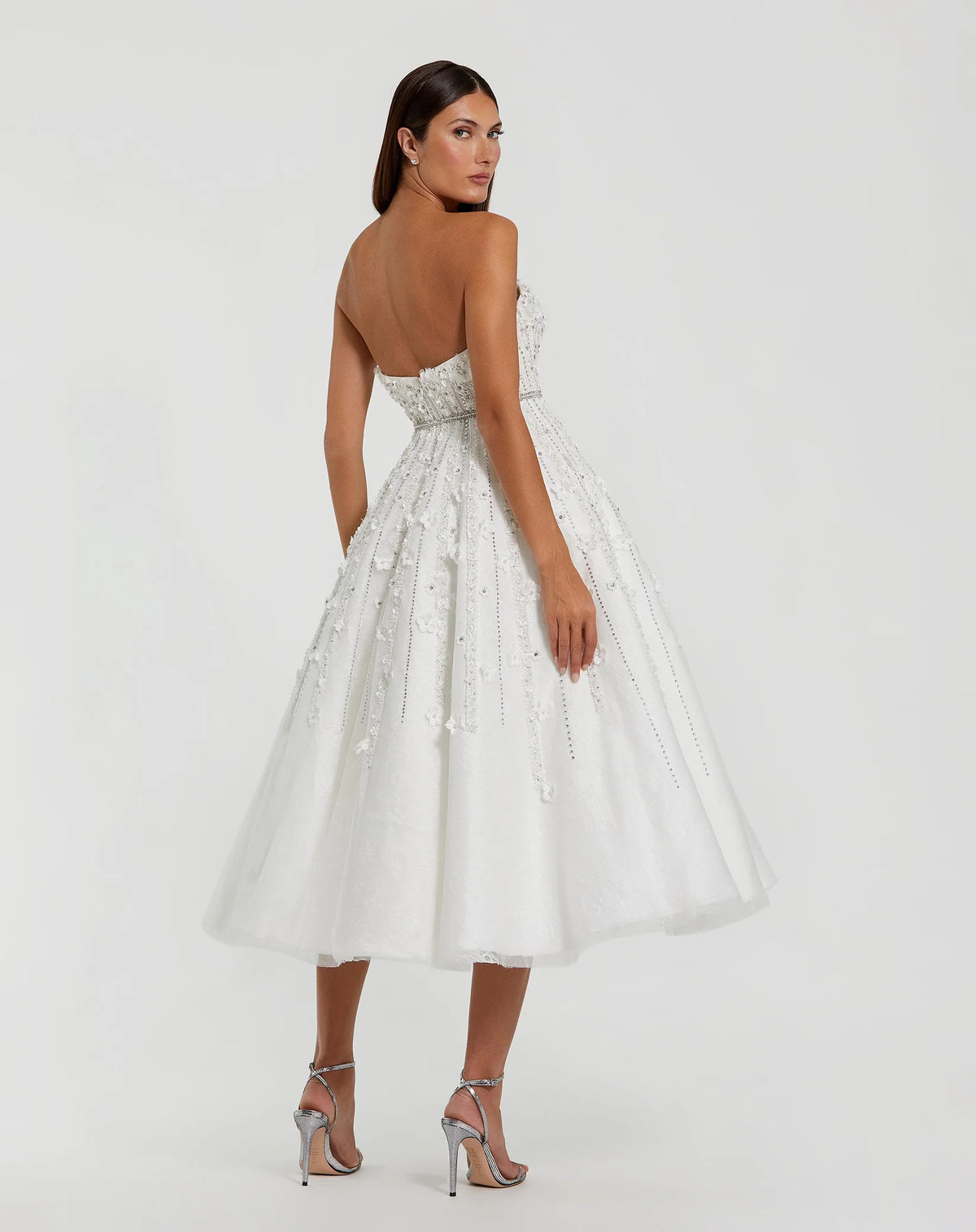 Mac Duggal White Embellished Lace Strapless Midi A Line Dress #11865 Ivory