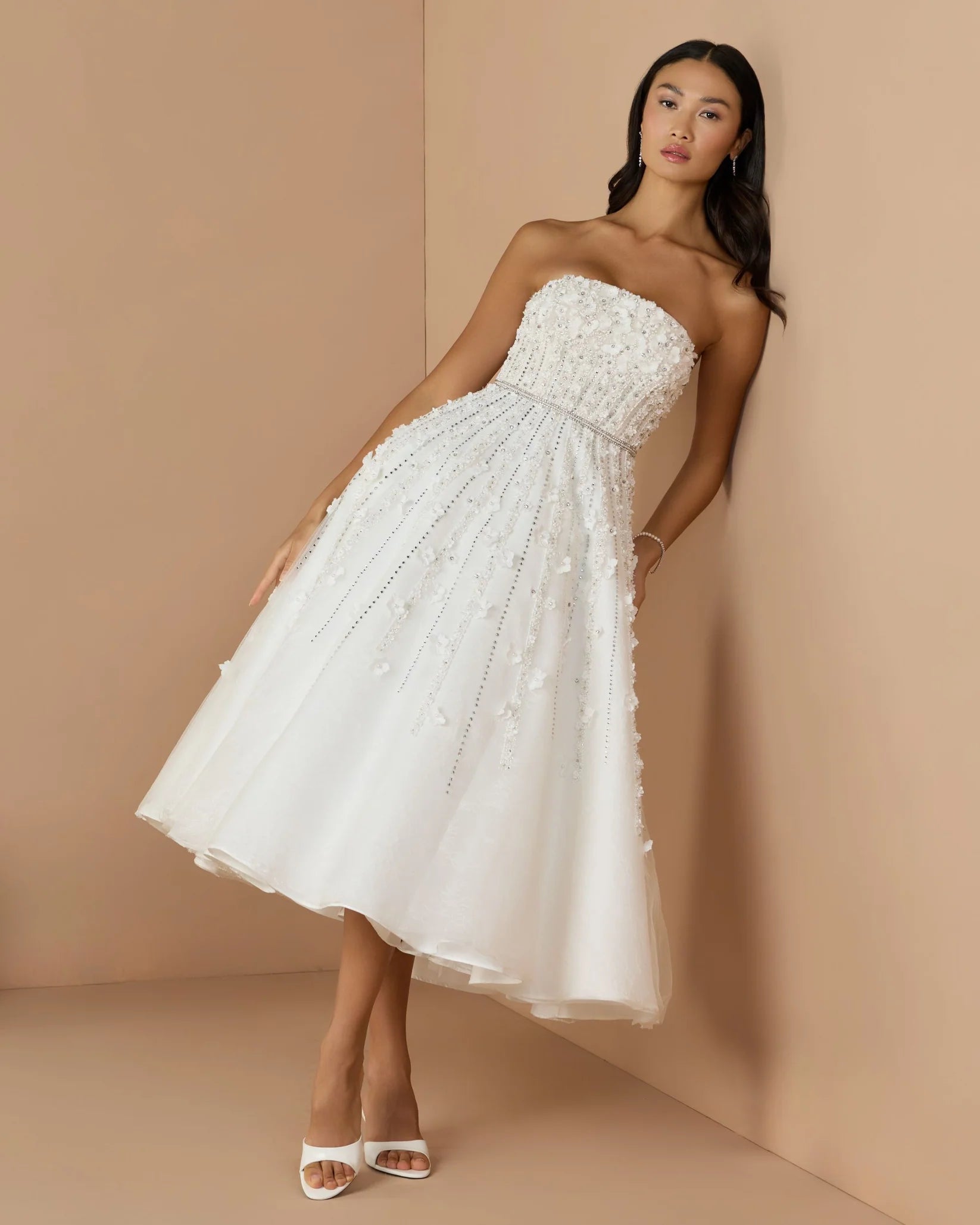 Ivory embellished lace strapless tulle midi A -Line dress