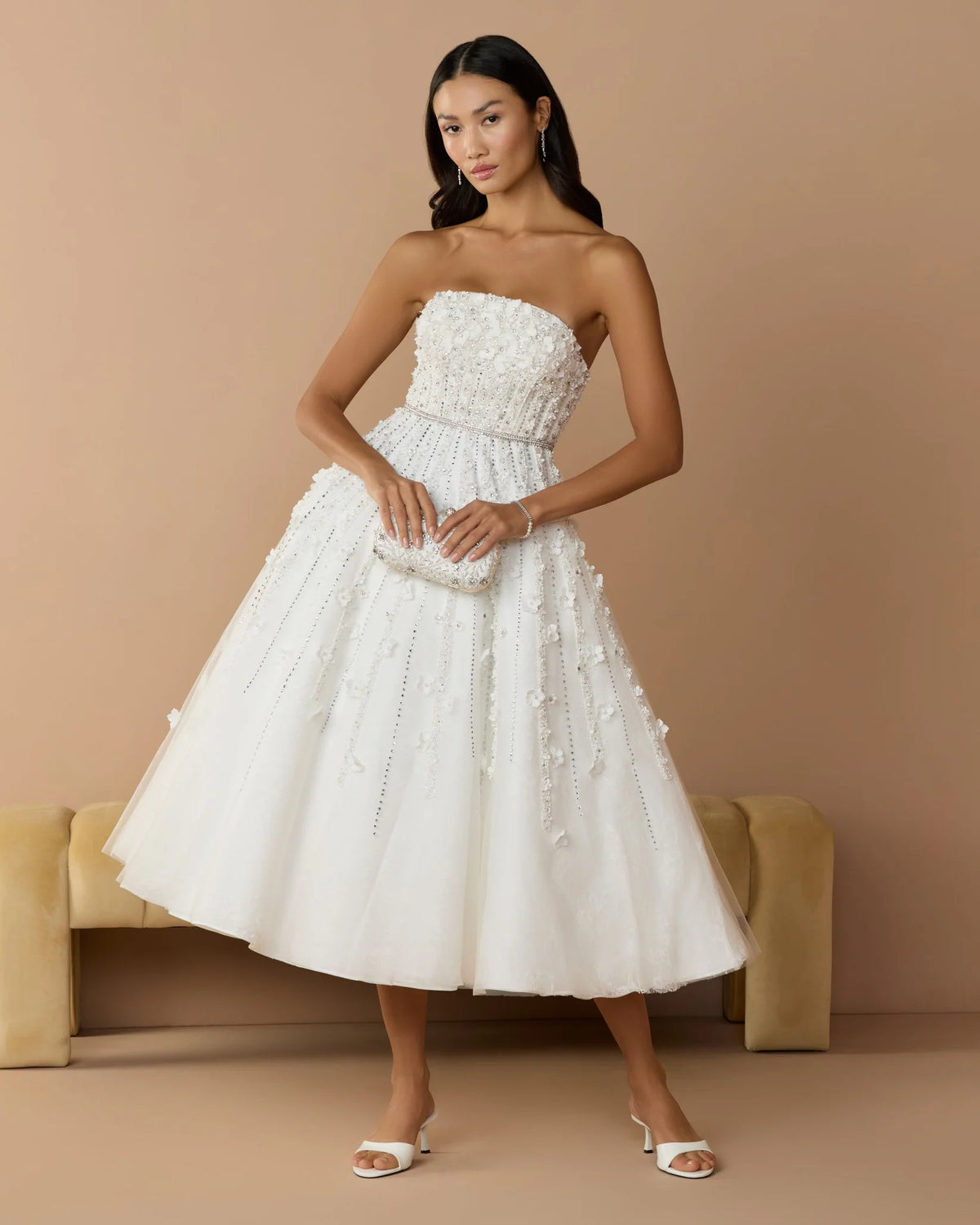 Nude embellished lace strapless tulle midi A -Line dress