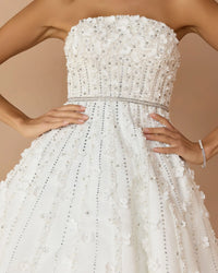 Ivory embellished lace strapless tulle midi A -Line dress