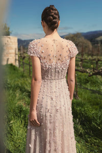 Embellished Lace Illusion Neck A-Line Gown - Pink