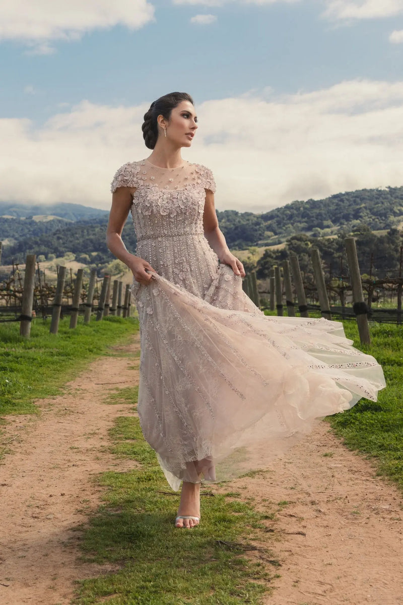 Embellished Lace Illusion Neck A-Line Gown - Pink