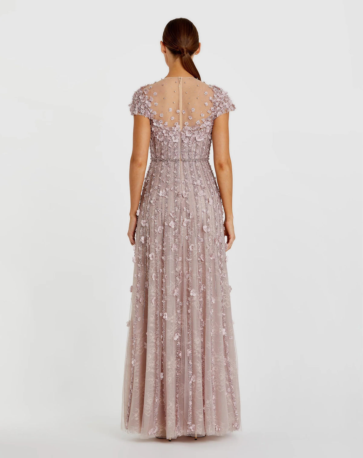 Embellished Lace Illusion Neck A-Line Gown - Pink
