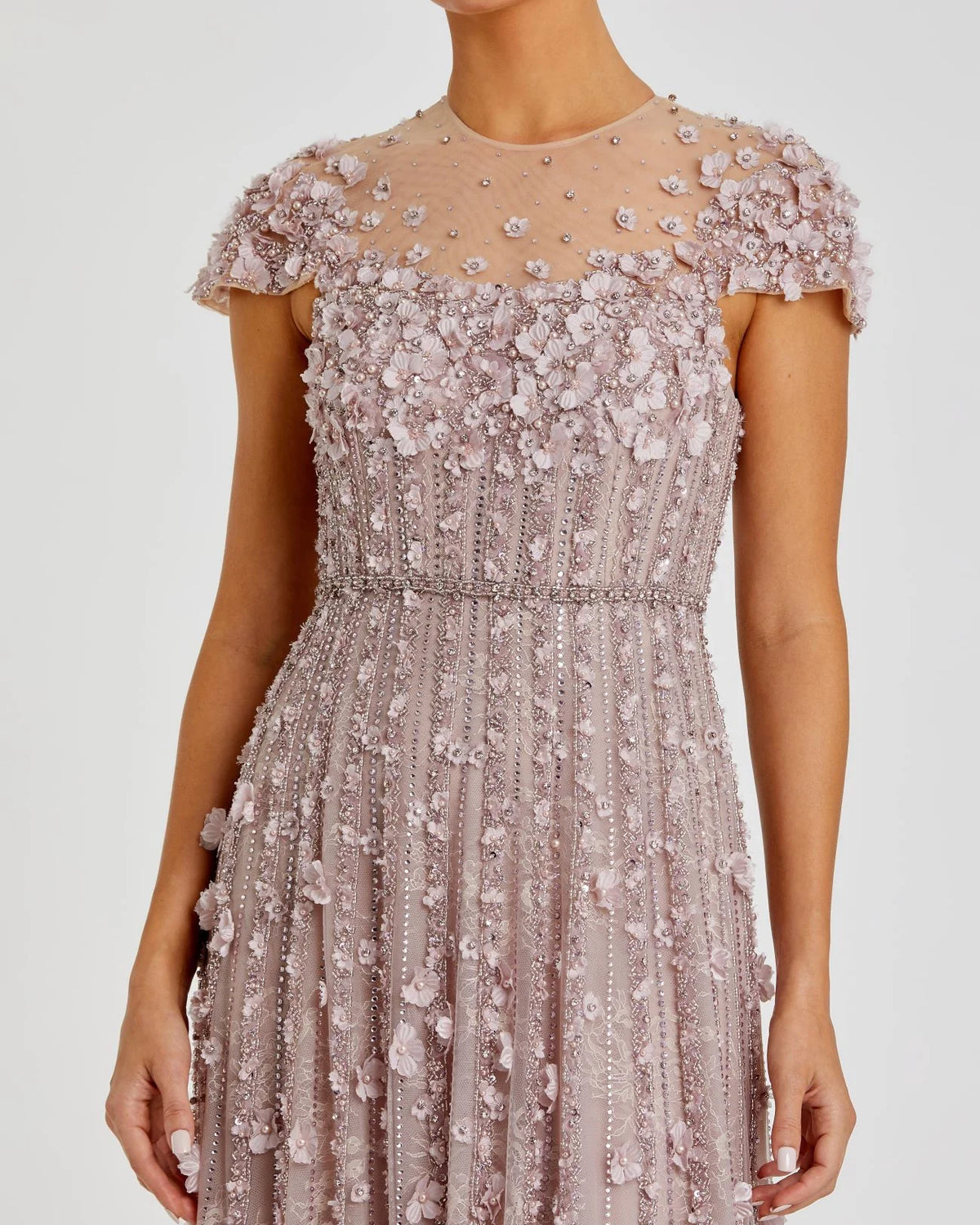 Embellished Lace Illusion Neck A-Line Gown - Pink