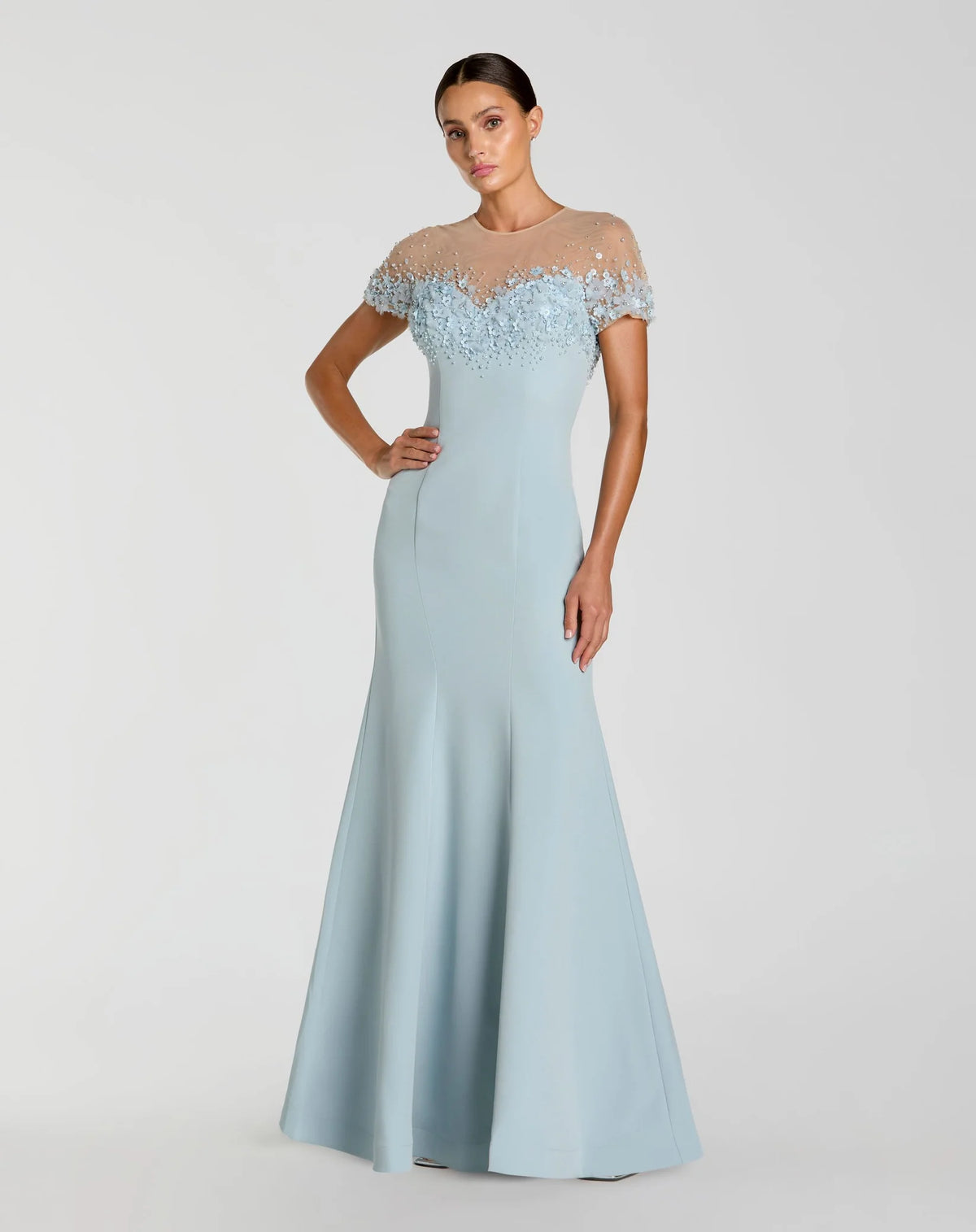 Mac Duggal Pink Mermaid Crepe Gown With Beaded Illusion Neck Powder Blue #11867 Shaide Boutique Mac Duggal Pink Mermaid Crepe Gown With Beaded Illusion Neck Powder Blue #11867 Shaide Boutique
