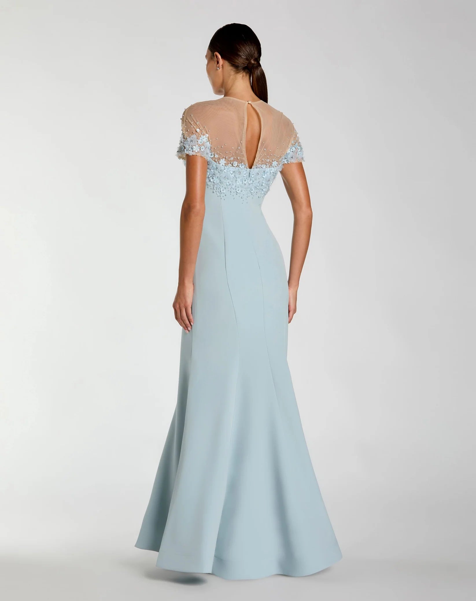 Mac Duggal Pink Mermaid Crepe Gown With Beaded Illusion Neck Powder Blue #11867 