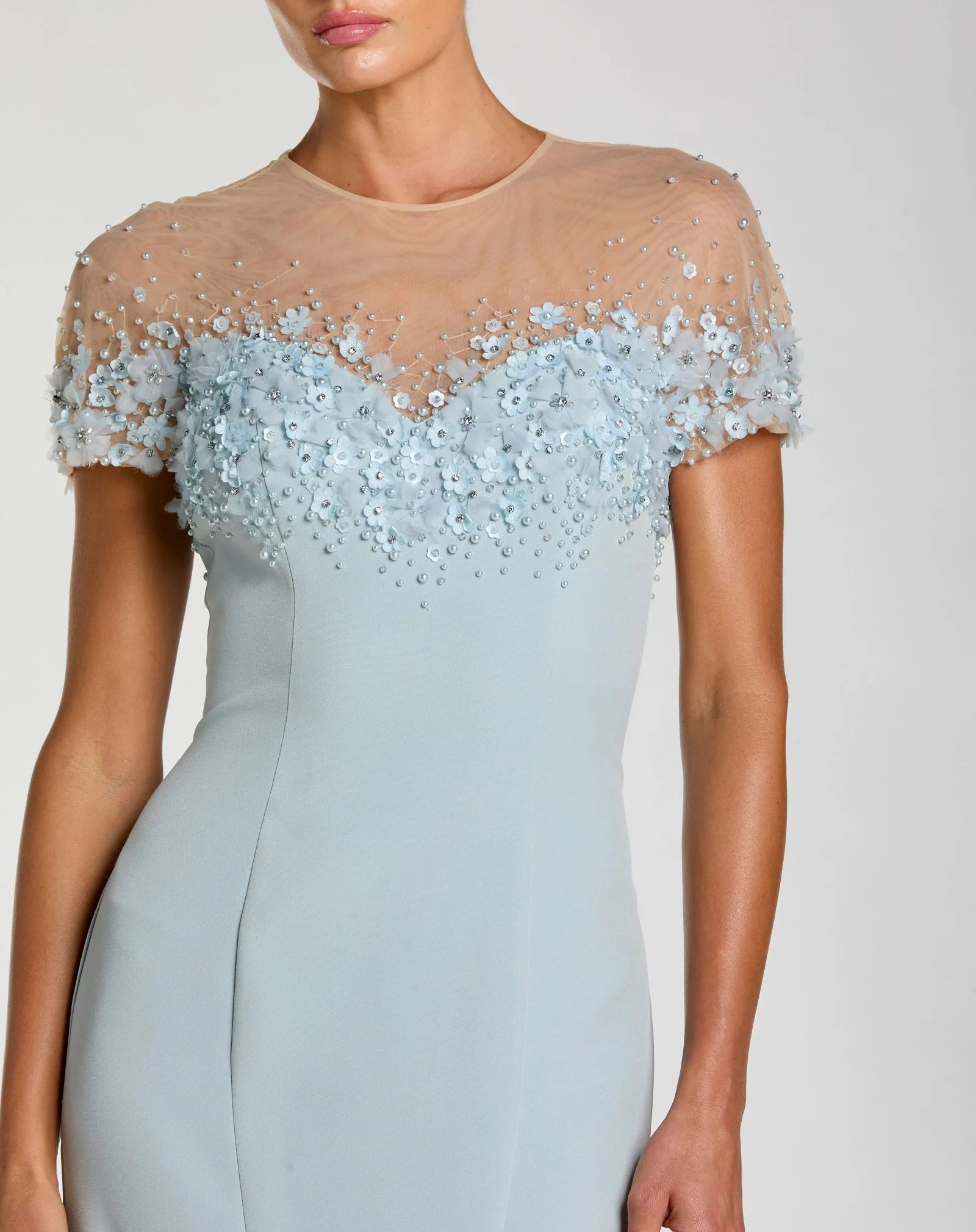 Mac Duggal Pink Mermaid Crepe Gown With Beaded Illusion Neck Powder Blue #11867 