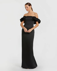 Mac Duggal 11872 Black satin 3D flower off the shoulder mermaid gown - Front
