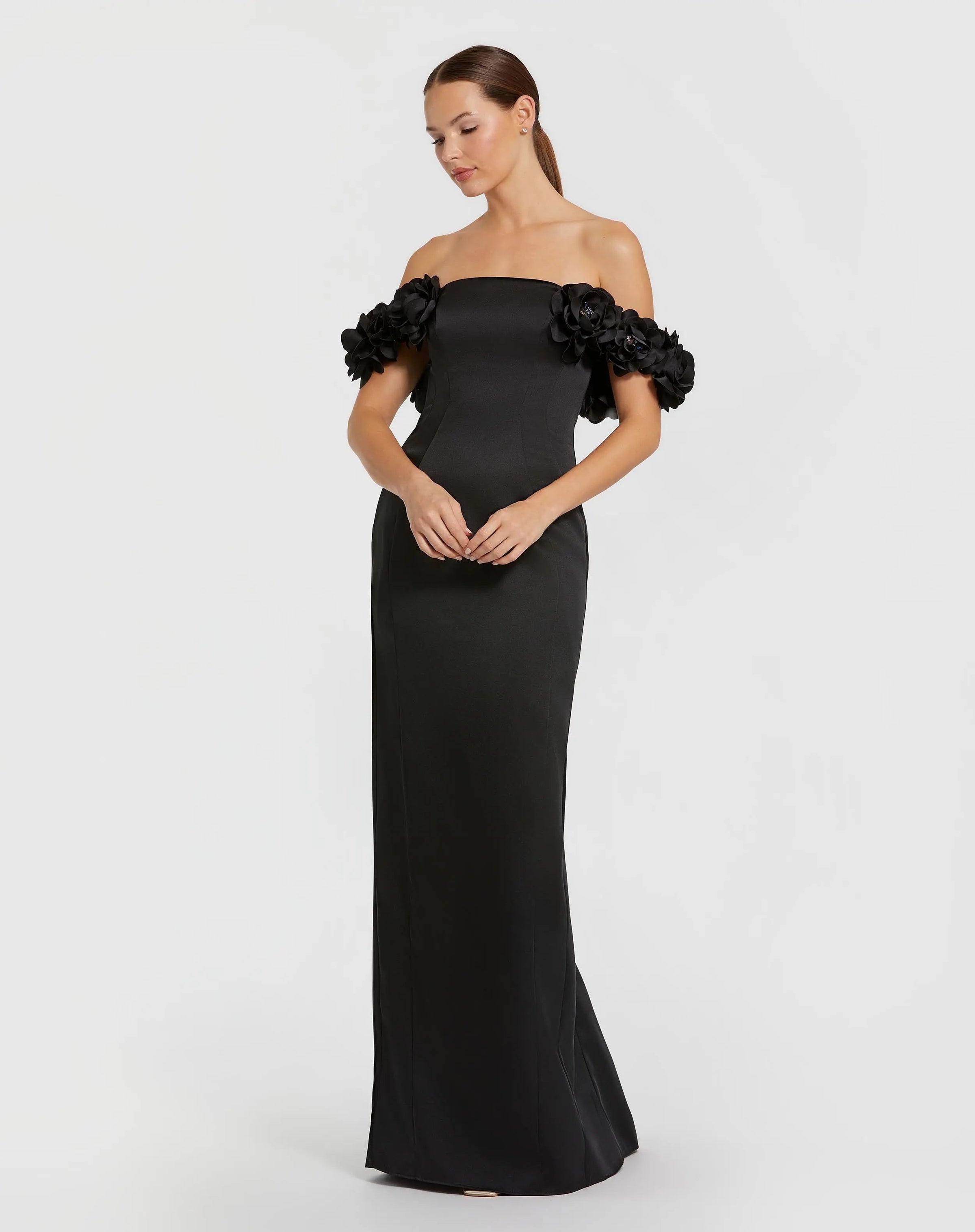 Mac Duggal 11872 Black satin 3D flower off the shoulder mermaid gown - Front