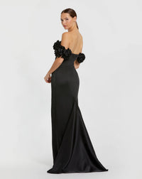 Mac Duggal 11872 Black satin 3D flower off the shoulder mermaid gown - Back view