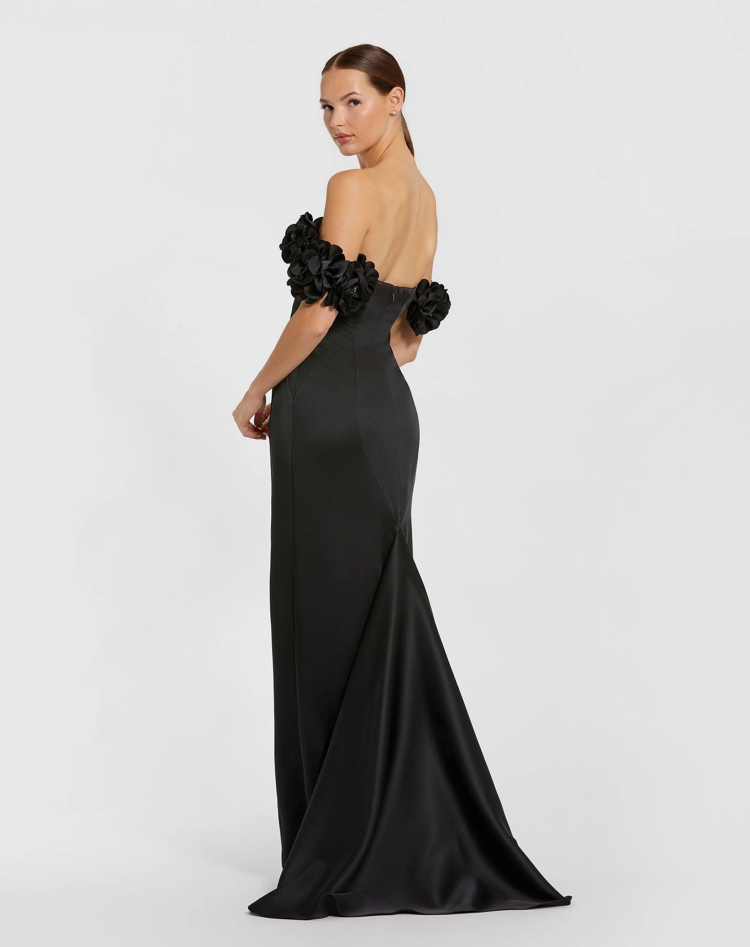 Mac Duggal 11872 Black satin 3D flower off the shoulder mermaid gown - Back view