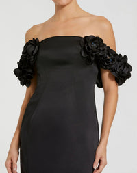 Mac Duggal 11872 Black satin 3D flower off the shoulder mermaid gown - Close up detail