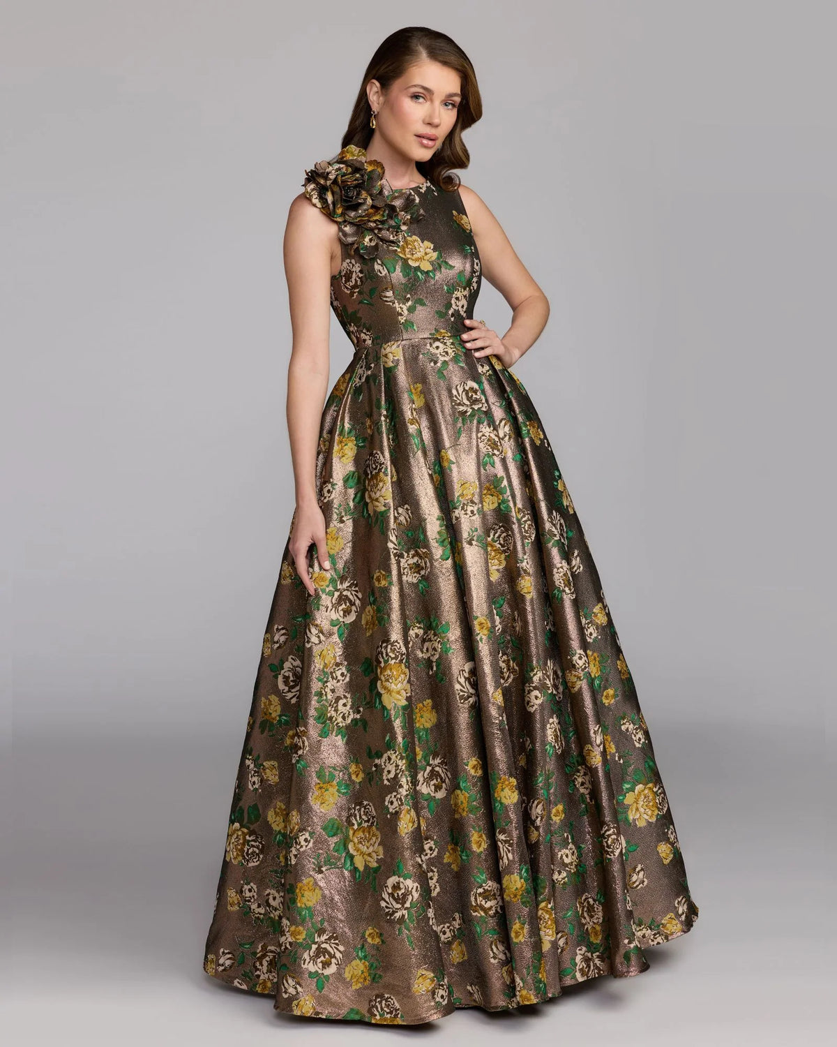 Mac Duggal #11873 Gold Metallic Ball Gown With 3D Rosette