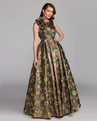 Mac Duggal #11873 Gold Metallic Ball Gown With 3D Rosette