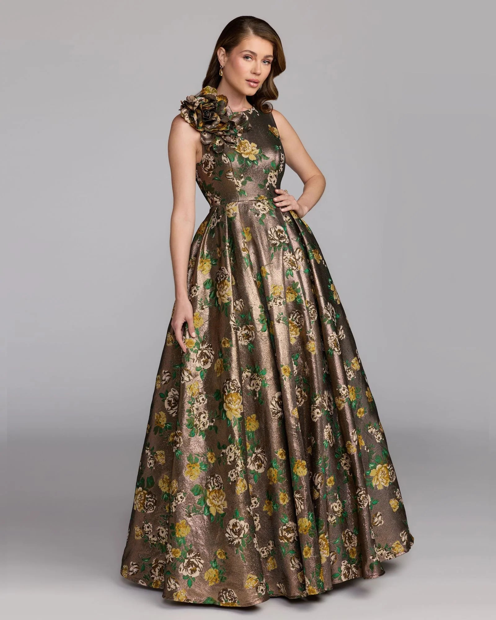 Mac Duggal #11873 Gold Metallic Ball Gown With 3D Rosette