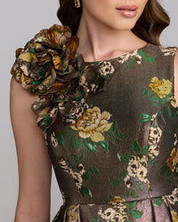 Mac Duggal #11873 Gold Metallic Ball Gown With 3D Rosette close up