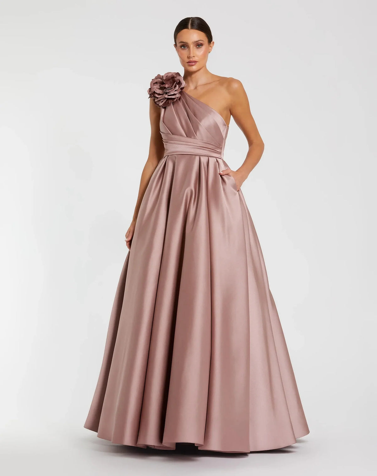 Mac Duggal Pink One Shoulder Satin Ball Gown With 3D Flower #11874