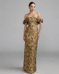 Mac Duggal #11875 bronze multi off the shoulder rosette column gown