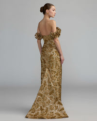 Mac Duggal #11875 bronze multi off the shoulder rosette column gown
