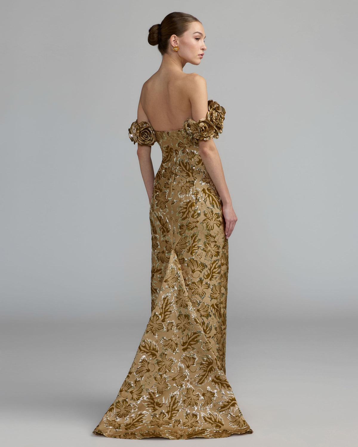 Mac Duggal #11875 bronze multi off the shoulder rosette column gown