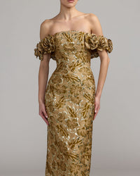 Mac Duggal #11875 bronze multi off the shoulder rosette column gown