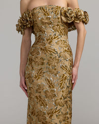 Mac Duggal #11875 bronze multi off the shoulder rosette column gown