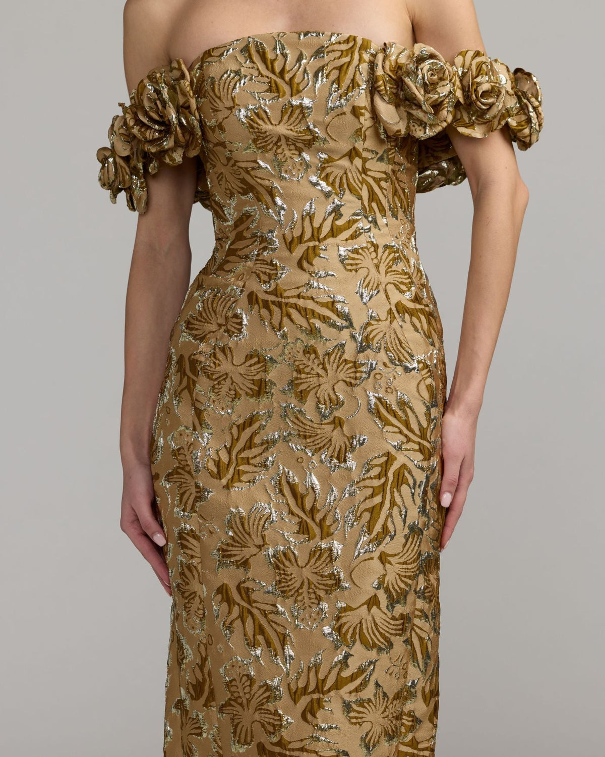Mac Duggal #11875 bronze multi off the shoulder rosette column gown