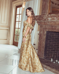 Mac Duggal #11875 bronze multi off the shoulder rosette column gown