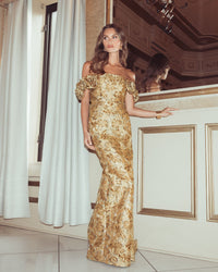 Mac Duggal #11875 bronze multi off the shoulder rosette column gown