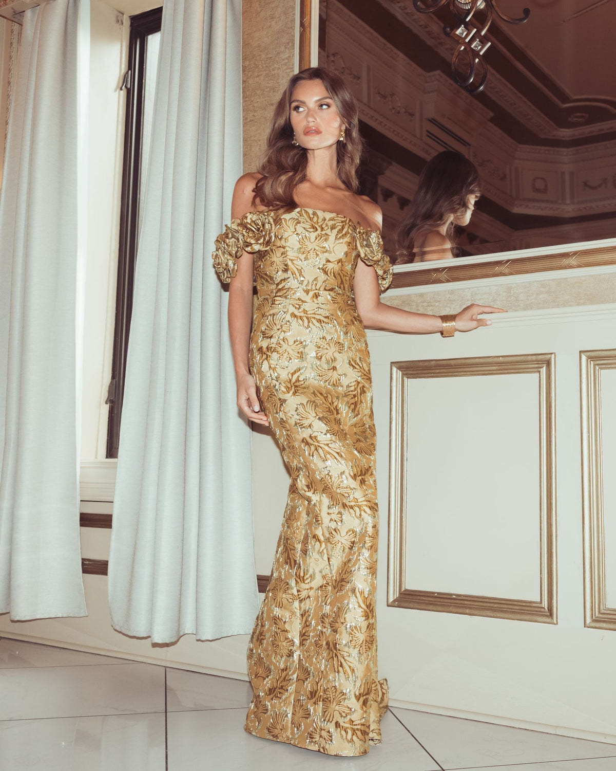 Mac Duggal #11875 bronze multi off the shoulder rosette column gown