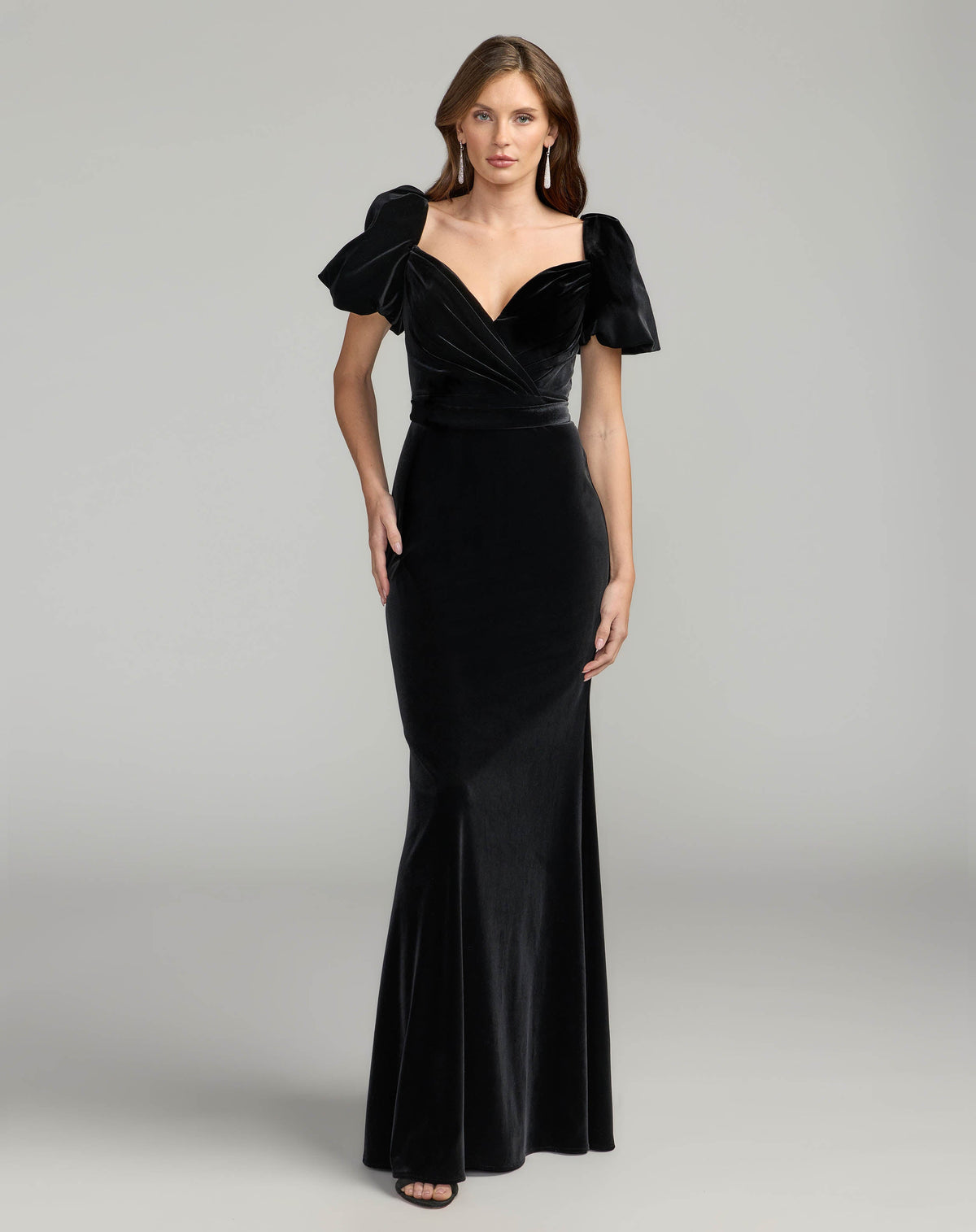 Mac Duggal #11876 black velvet sweetheart gown with puff sleeves