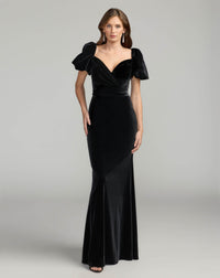 Mac Duggal #11876 black velvet sweetheart gown with puff sleeves