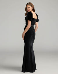 Mac Duggal #11876 black velvet puff sleeve gown back view