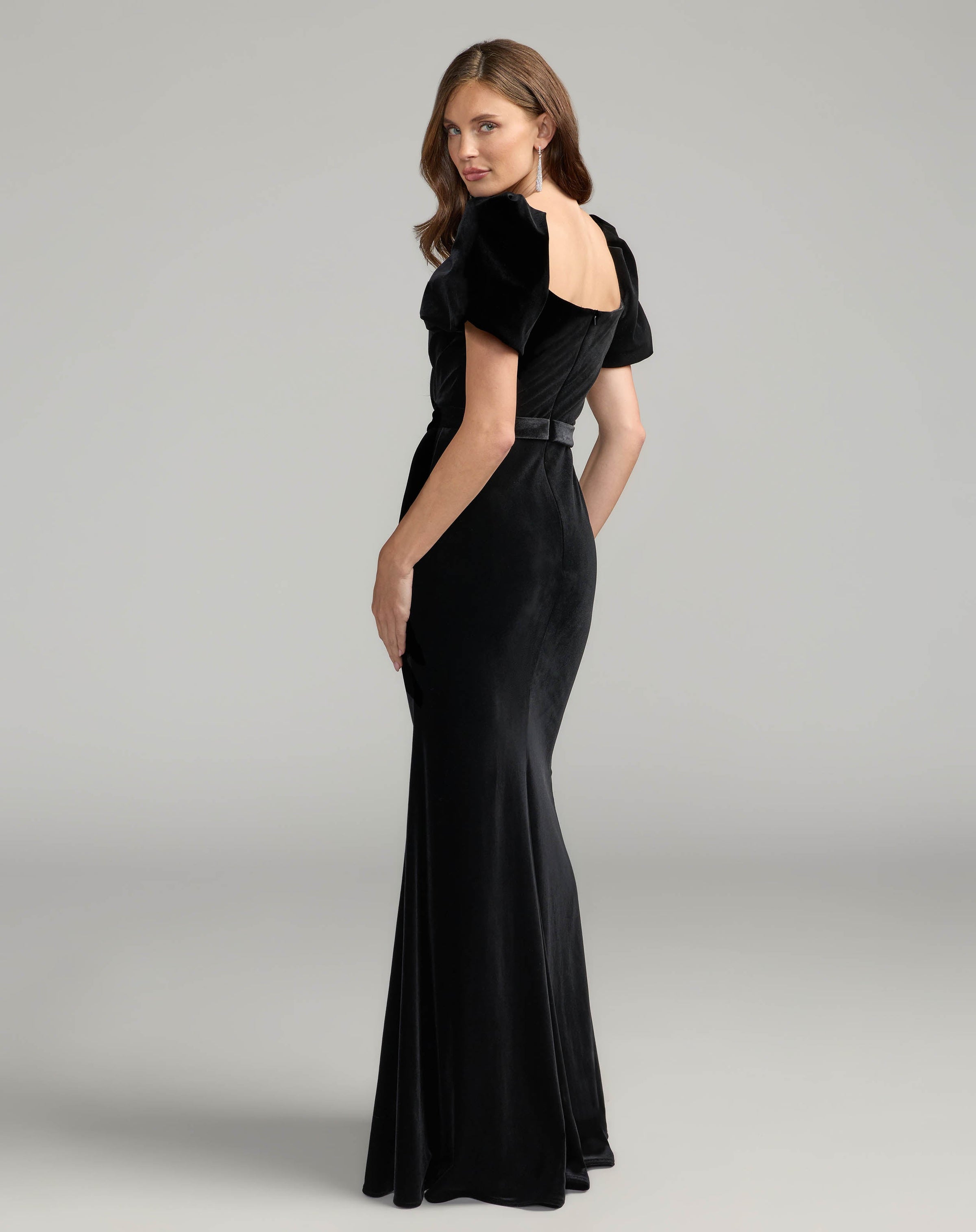 Mac Duggal #11876 black velvet puff sleeve gown back view